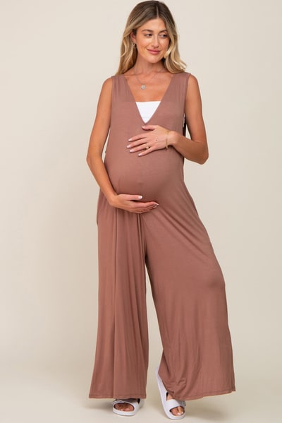 PinkBlush Mocha Deep V Sleeveless Wide Leg Maternity Jumpsuit