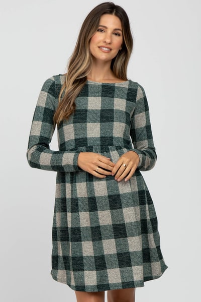 PinkBlush Forest Green Plaid Knit Maternity Dress