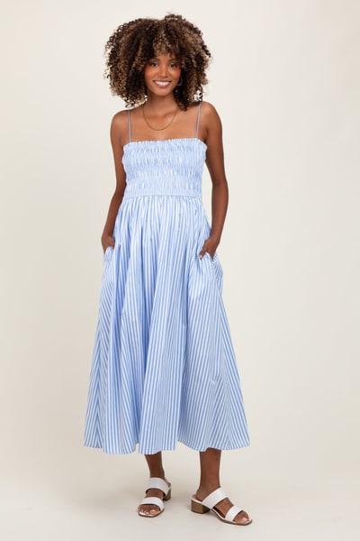 PinkBlush Blue Striped Smocked Maternity Midi Dress