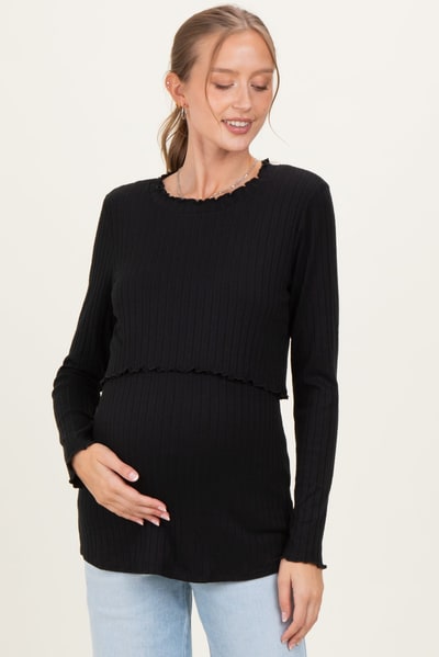 PinkBlush Black Ribbed Ruffle Detail Maternity/Nursing Long Sleeve Top