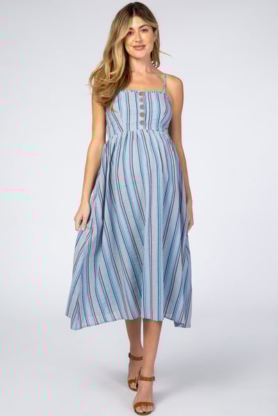 PinkBlush Blue Purple Striped Button Front Maternity Midi Dress