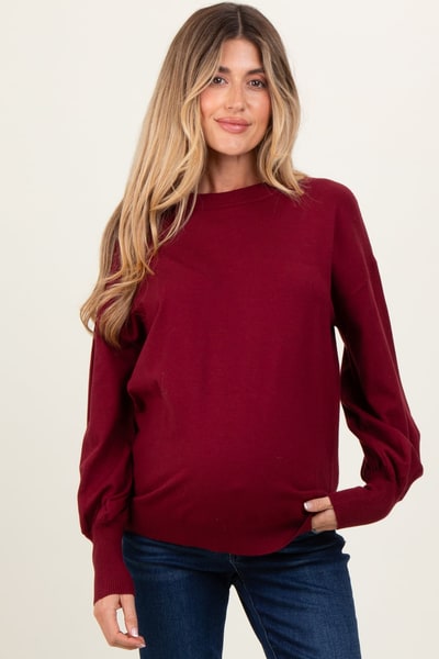 PinkBlush Burgundy Fine Knit Balloon Sleeve Maternity Sweater