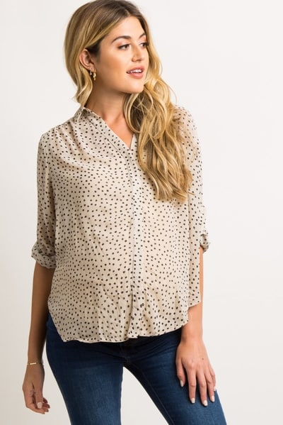 PinkBlush Beige Polka Dot Chiffon Maternity Blouse
