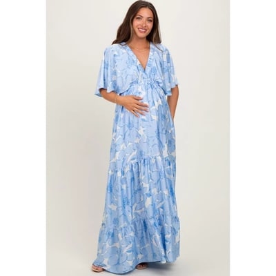 Target Pinkblush Light Blue Floral Short Sleeve Deep V-Neck Tiered Maternity Maxi Dress Small