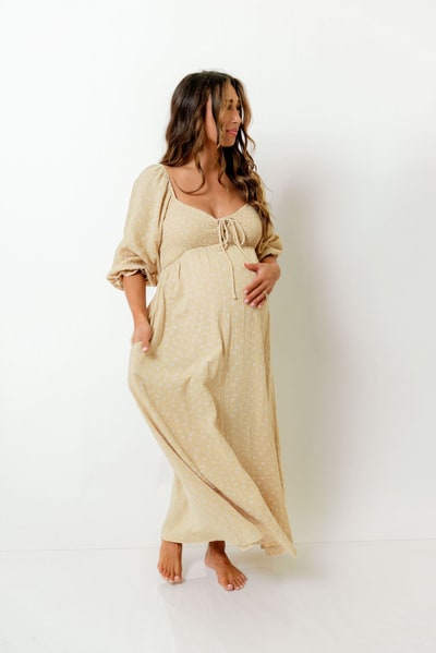 Worth Collective Cecilia 100% Cotton Smocked Maxi Dress in Muted Gold Foliage - Bump Friendly