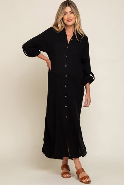 PinkBlush Black Button Down 3/4 Sleeve Maternity Midi Dress