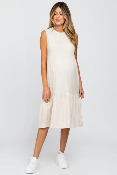 PinkBlush Beige Ribbed Sleeveless Maternity Midi Dress
