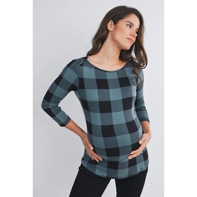 Target Hello Miz Women's Casual Plaid 3/4 Sleeve Maternity Top - Teal - X Large