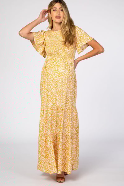 PinkBlush Yellow Floral Smocked Front Pleated Hem Maternity Maxi Dress