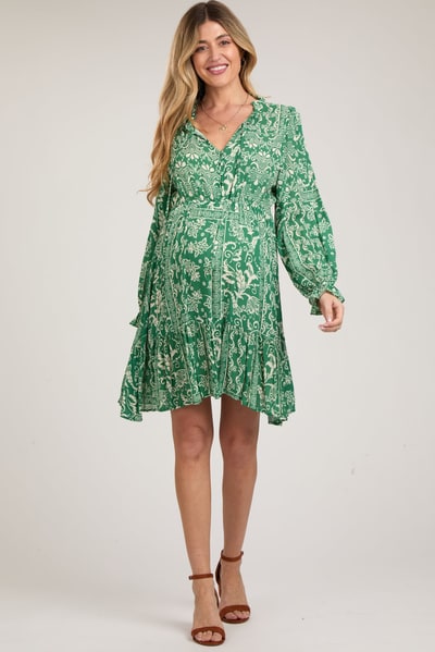 PinkBlush Green Paisley Floral Ruffle Neck Button Front Maternity Dress