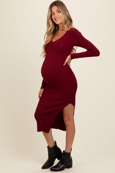 PinkBlush Burgundy Ribbed Knit Side Slit Maternity Midi Dress