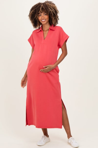 PinkBlush Pink Coral Collared Short Sleeve Maternity Midi Dress