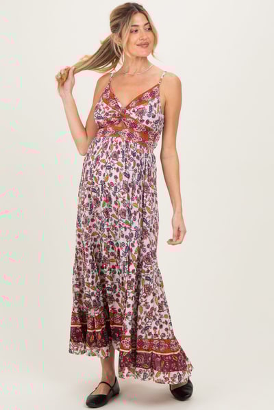 PinkBlush Cream Floral Twist Front Cutout Maternity Maxi Dress