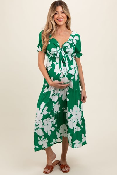 PinkBlush Green Floral Smocked Knotted Top Maternity Maxi Dress