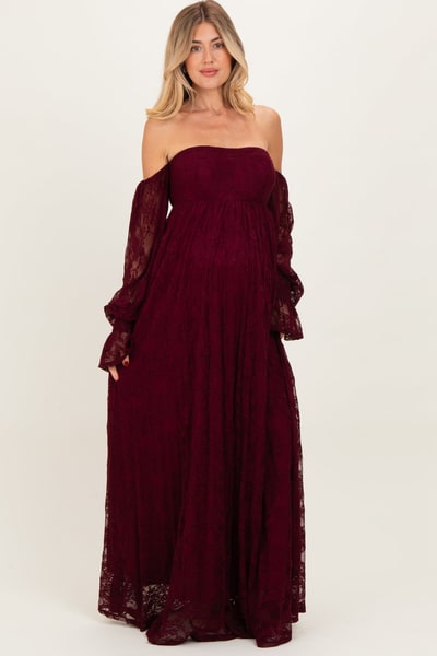 PinkBlush Burgundy Lace Smocked Long Sleeve Off Shoulder Maternity Maxi Dress