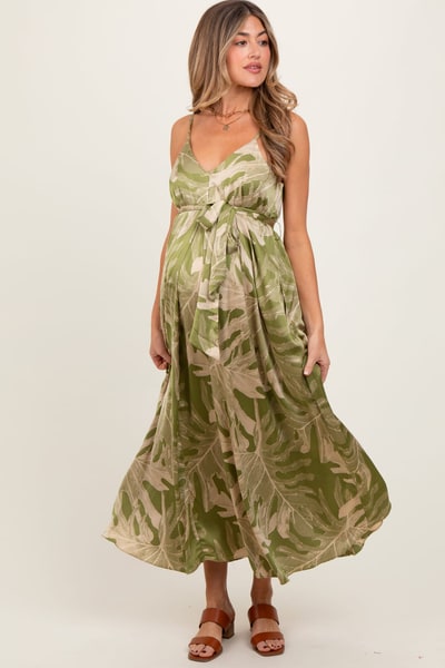 PinkBlush Lime Green Leaf Print Sash Tie Maternity Midi Dress