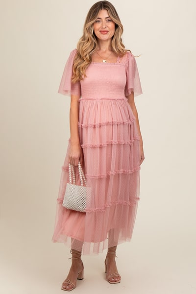 PinkBlush Pink Ruffled Mesh Maternity Maxi Dress