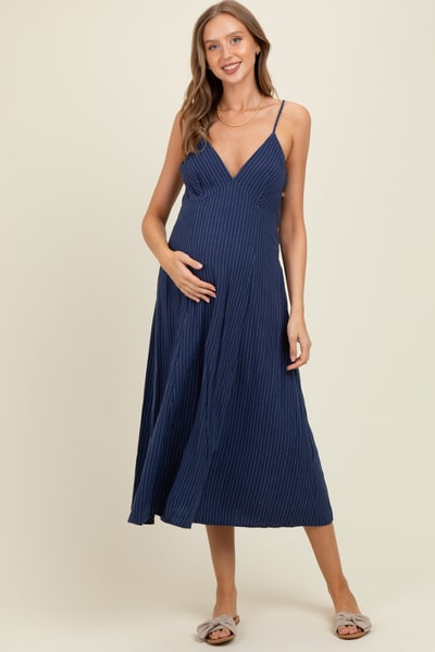 PinkBlush Navy/White Linen Striped Maternity Midi Dress