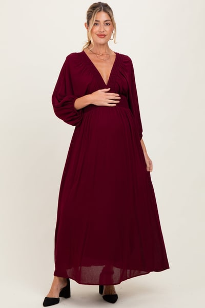 PinkBlush Burgundy Solid Long Sleeve V-Neck Smocked Detail Maternity Maxi Dress