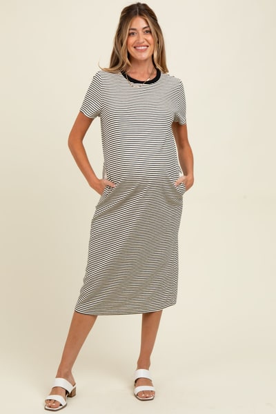 PinkBlush Black Striped Short Sleeve Maternity Midi T-Shirt Dress