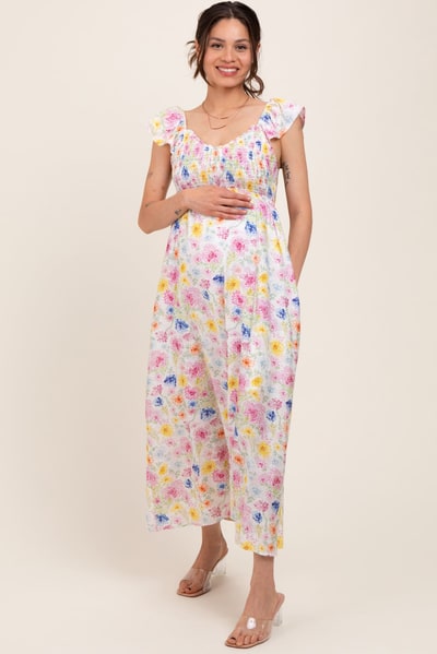 PinkBlush Multi Color Floral Smocked Back Bow Maternity Maxi Dress