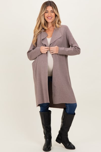 PinkBlush Mocha Knit Open Front Long Maternity Cardigan