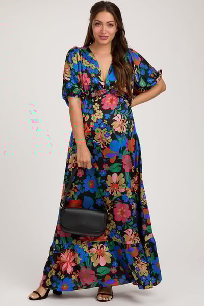 PinkBlush Black Floral Satin Deep V-Neck Puff Sleeve Maternity Maxi Dress