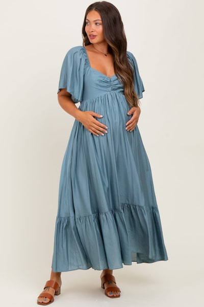 PinkBlush Blue Flutter Sleeve Ruffle Hem Maternity Midi Dress