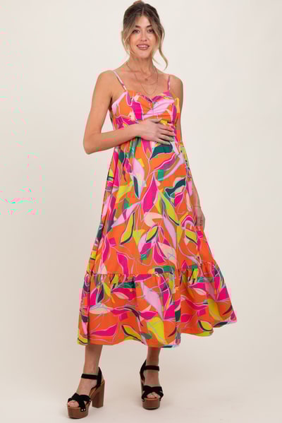 PinkBlush Orange Leaf Print Tie Back Maternity Maxi Dress