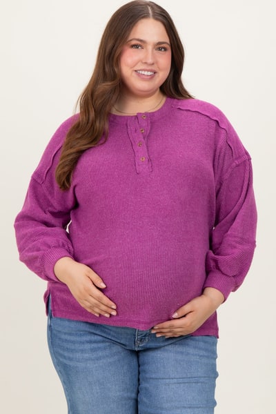 PinkBlush Plum Oversized Ribbed Knit Henley Maternity Plus Sweater
