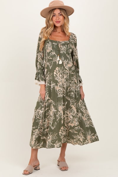 PinkBlush Olive Floral Smocked 3/4 Sleeve Maternity Midi Dress