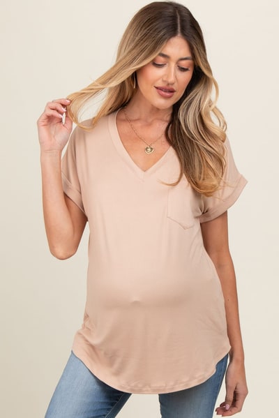 PinkBlush Beige V-Neck Pocket Short Sleeve Maternity Shirt