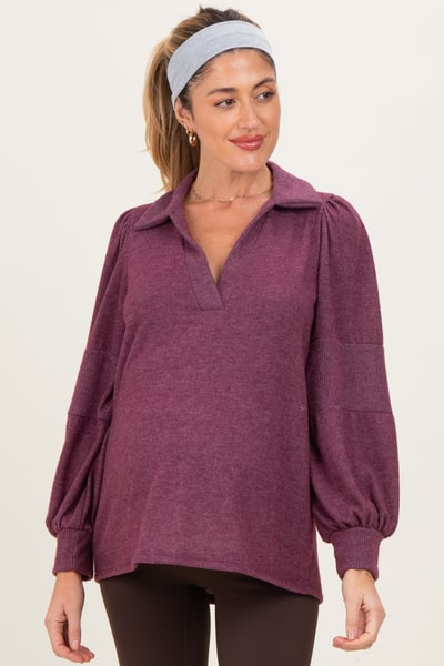 PinkBlush Plum Brushed Colorblock Long Sleeve Collared V-Neck Maternity Top