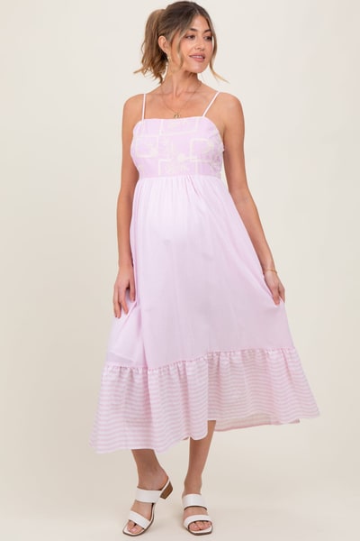 PinkBlush Light Pink Embroidered Striped Colorblock Maternity Midi Dress