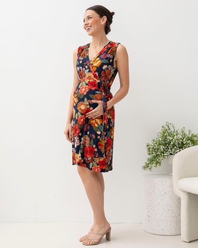 Angel Maternity Flora Sleeveless Red Floral Print Maternity Wrap Dress