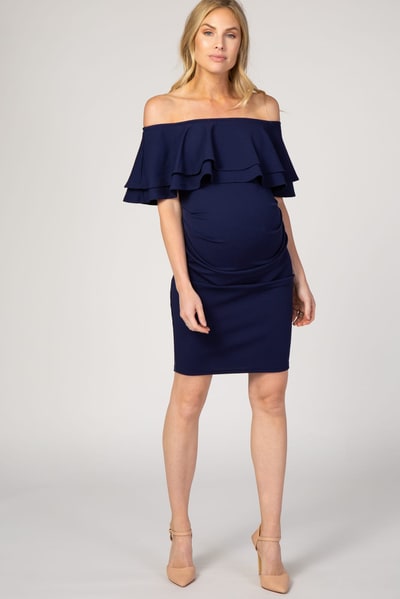 PinkBlush Navy Ruffle Off Shoulder Ruched Maternity Dress
