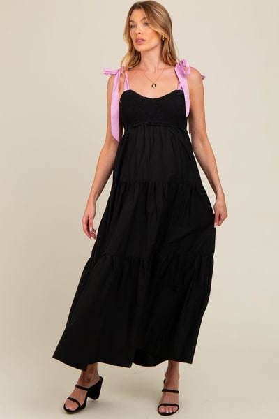 PinkBlush Black Contrast Shoulder Straps Maternity Maxi Dress