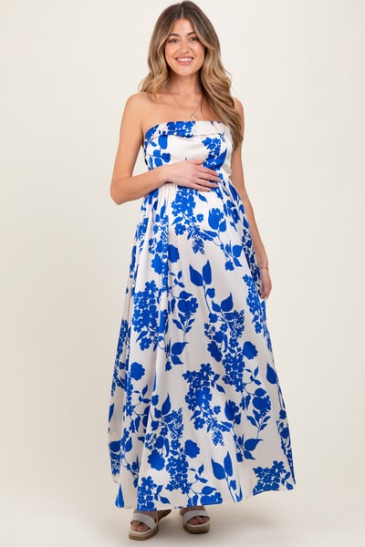 PinkBlush Blue Strapless Back Tie Maternity Maxi Dress
