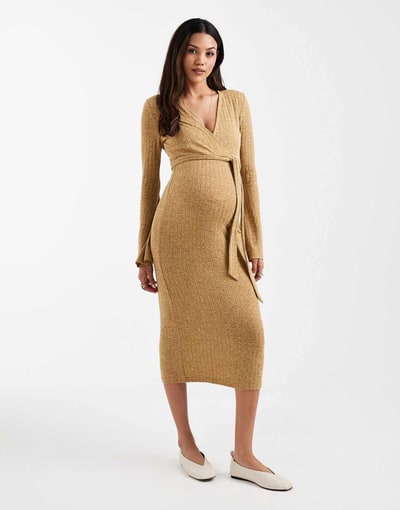 ASOS Mamalicious Maternity rib knit nursing friendly wrap front midi dress in heathered yellow