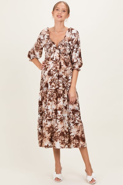 PinkBlush Brown Floral Smocked Front Tie Maternity Maxi Dress