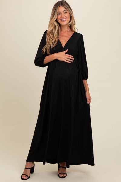 PinkBlush Black Glitter V-Neck Maternity Maxi Dress