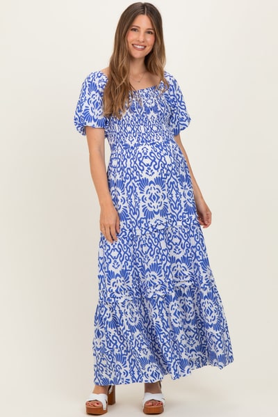 PinkBlush Royal Blue Printed Puff Sleeve Smocked Maternity Maxi Dress