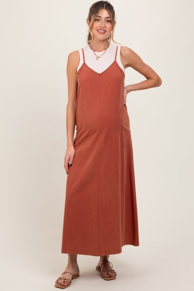 PinkBlush Rust V-Neck Overall Maternity Midi Dress