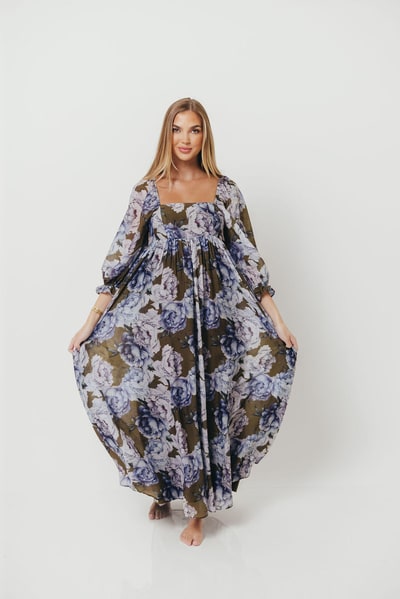 Worth Collective Mona Maxi Dress in Olive/Blue Floral - Bump Friendly