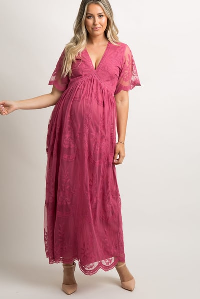 PinkBlush PinkBlush Magenta Lace Mesh Overlay Maternity Maxi Dress