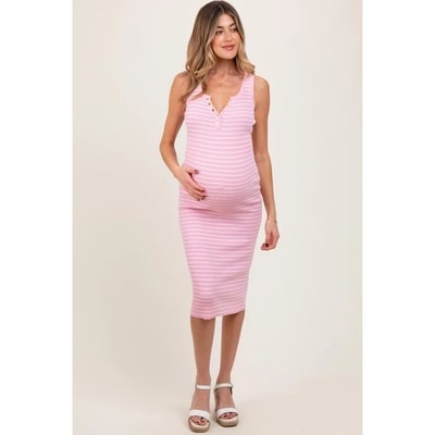 Target Pinkblush Light Pink Striped Sleeveless Fitted Maternity Midi Dress Large