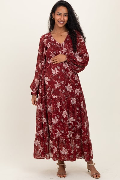PinkBlush Burgundy Smocked Floral Maternity Midi Dress