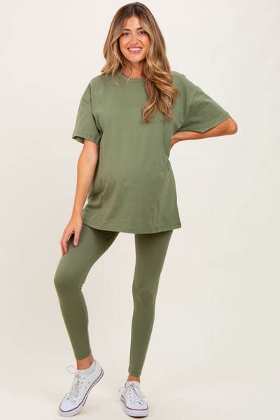PinkBlush Light Olive Oversized Crewneck Short Sleeve and Legging Maternity Set