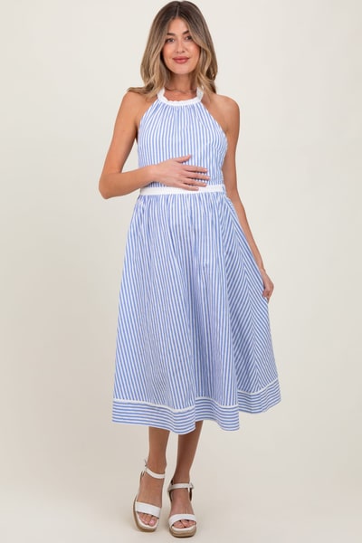 PinkBlush Blue Striped Halter Maternity Tie Back Cutout Maternity Midi Dress