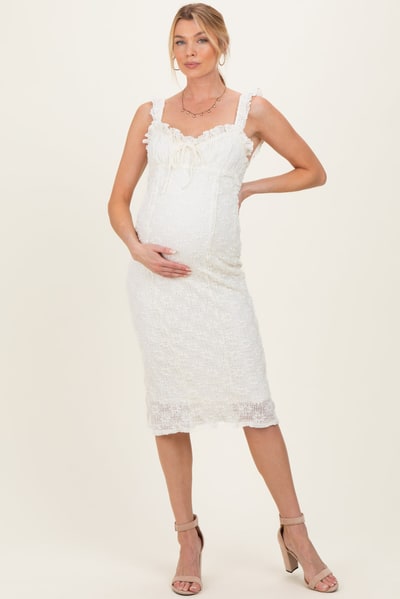 PinkBlush Cream Lace Ruffle Accent Sleeveless Maternity Midi Dress
